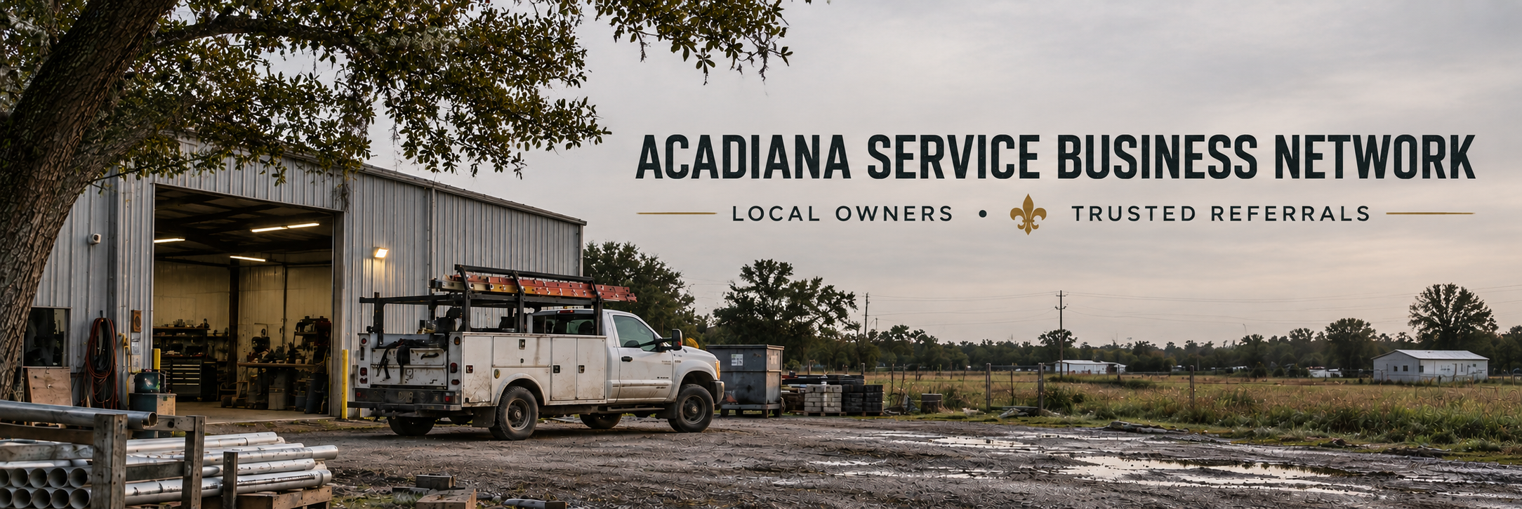 Acadiana service business network banner showing a local service yard in Louisiana.